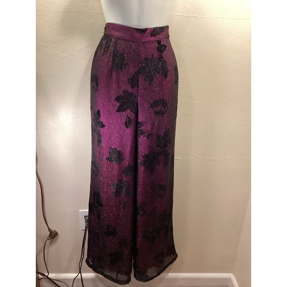 ZION NY Purple Black Metallic Floral Evening Wide 90s High Waist Pants S 27w Hot - Picture 5 of 14